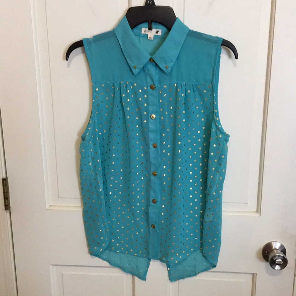 Beautiful Sleeveless Blouse Top Green Gold Dots Collar M L - Picture 9 of 10